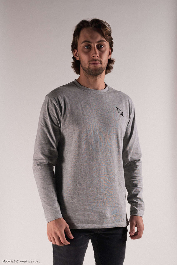 Grey Long Sleeve Shirt modelled on person Title MTB logo shirt