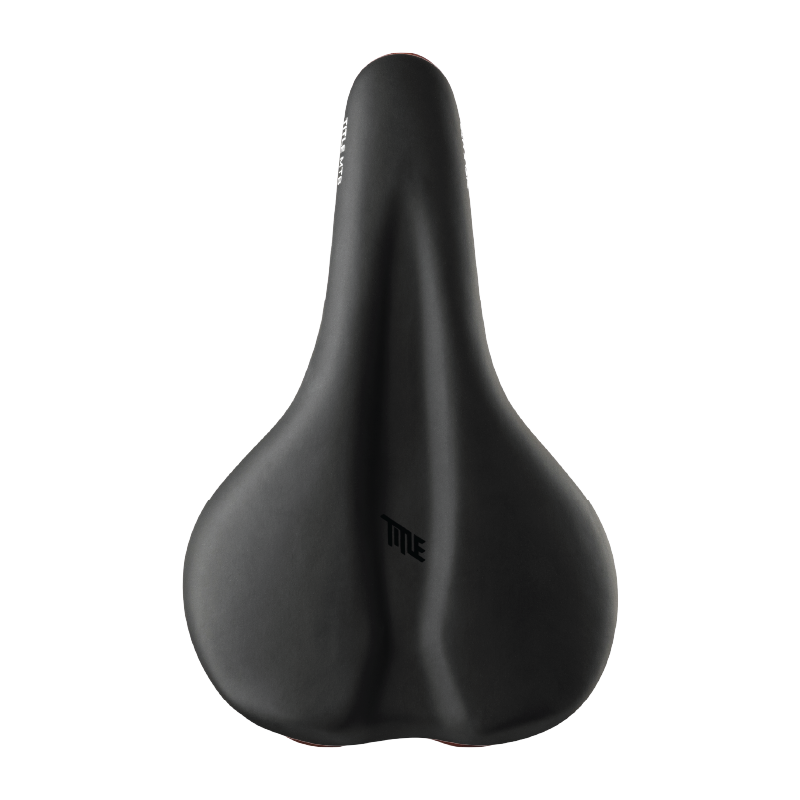 Black bicycle saddle with 'Title' branding on a white background