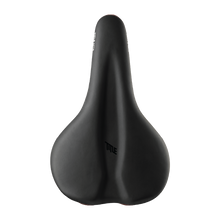 Black bicycle saddle with 'Title' branding on a white background