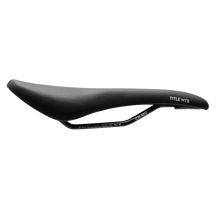 Black bicycle saddle with 'Title MTB' branding on a white background