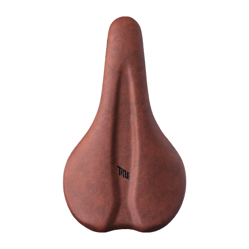 Brown bicycle saddle with 'Title' branding on a white background