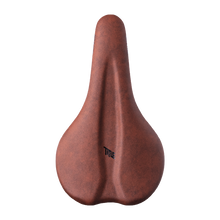 Brown bicycle saddle with 'Title' branding on a white background