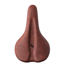Brown bicycle seat with 'TITLE' logo on a white background
