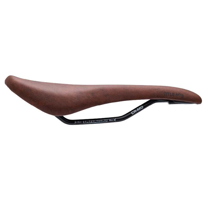 Brown bicycle saddle with 'Title MTB' branding on a white background