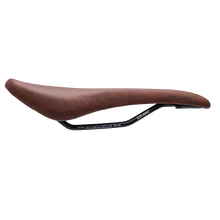 Brown bicycle saddle with 'Title MTB' branding on a white background