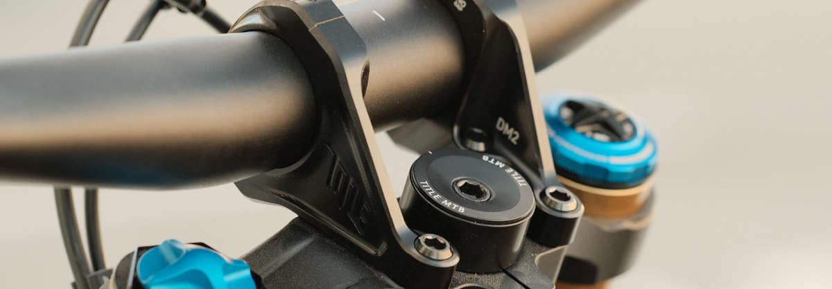 Close-up of a bicycle handlebar with black and blue components on a blurred background