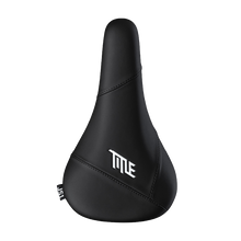 Black bicycle seat with 'TITLE' logo on a white background