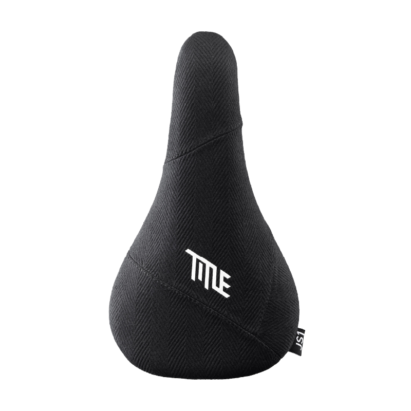 Black bicycle seat with 'Title' branding on a white background
