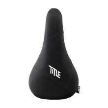 Black bicycle seat with 'Title' branding on a white background