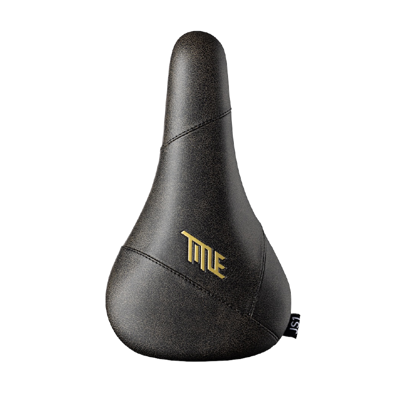 Black bicycle seat with gold 'Title' logo on a white background