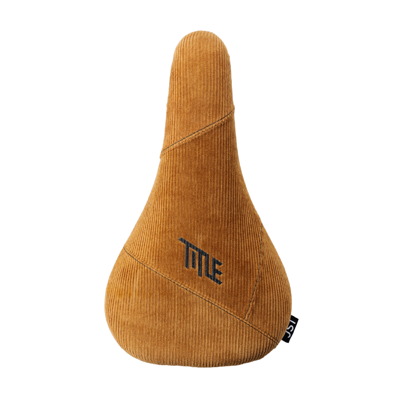 Brown bicycle seat with 'Title' branding on a white background