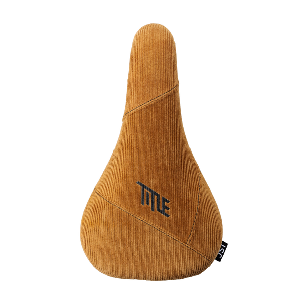 Brown bicycle seat with 'Title' branding on a white background