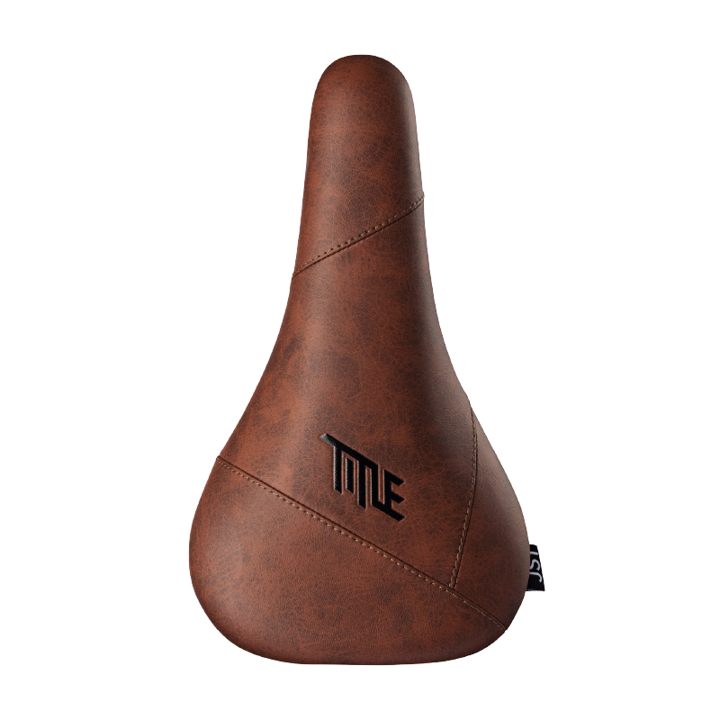 Brown bicycle seat with 'TITLE' branding on a white background