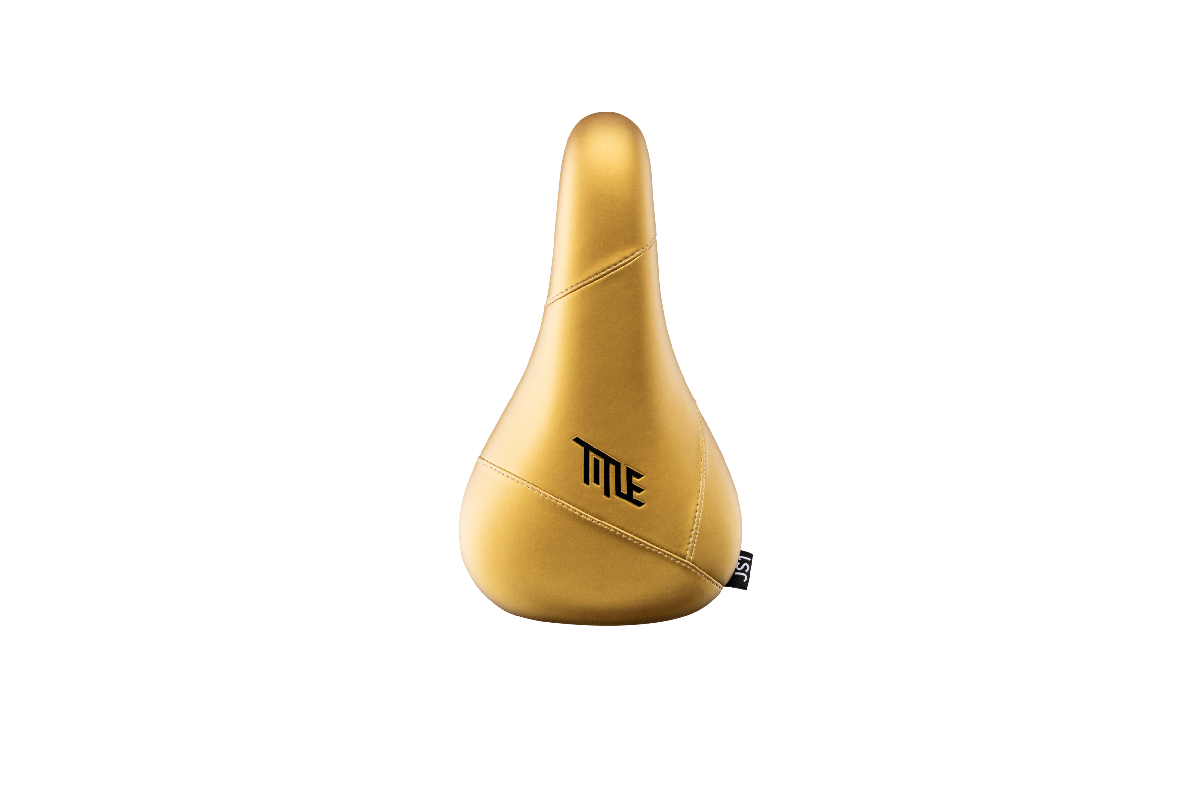 Gold bicycle seat with 'Title' branding on a white background