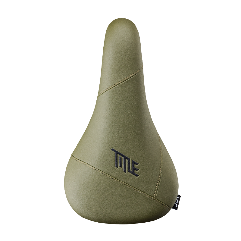 Green bicycle seat with 'TITLE' branding on a white background