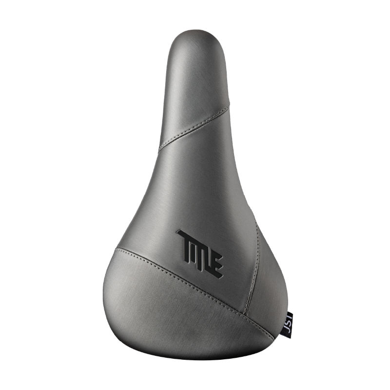 Gray bicycle seat with 'Title' branding on a white background