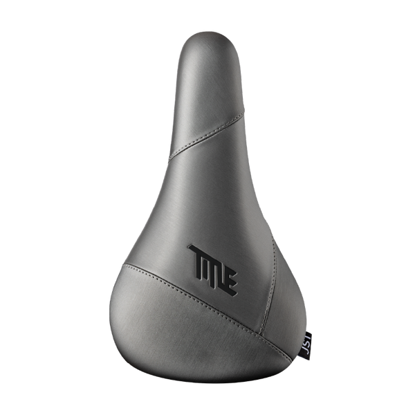 Gray bicycle seat with 'Title' branding on a white background