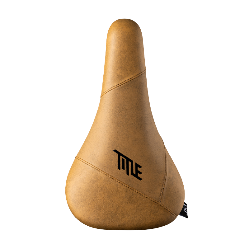 Brown bicycle seat with 'TITLE' logo on a white background