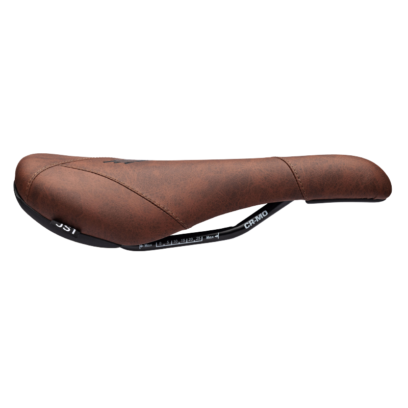 Brown bicycle saddle with visible branding on a white background