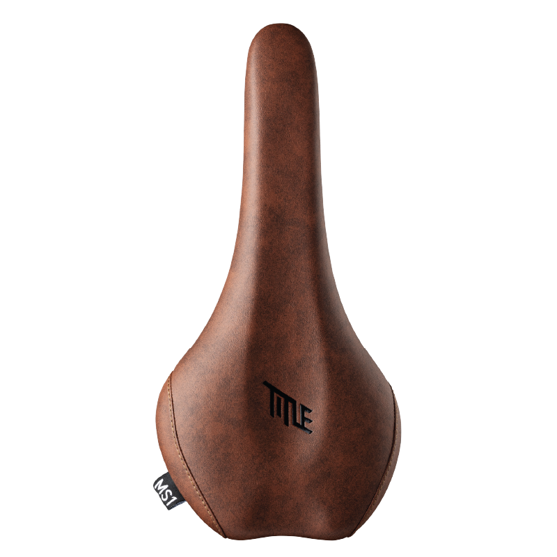 Brown bicycle saddle with 'TITLE' branding on a white background