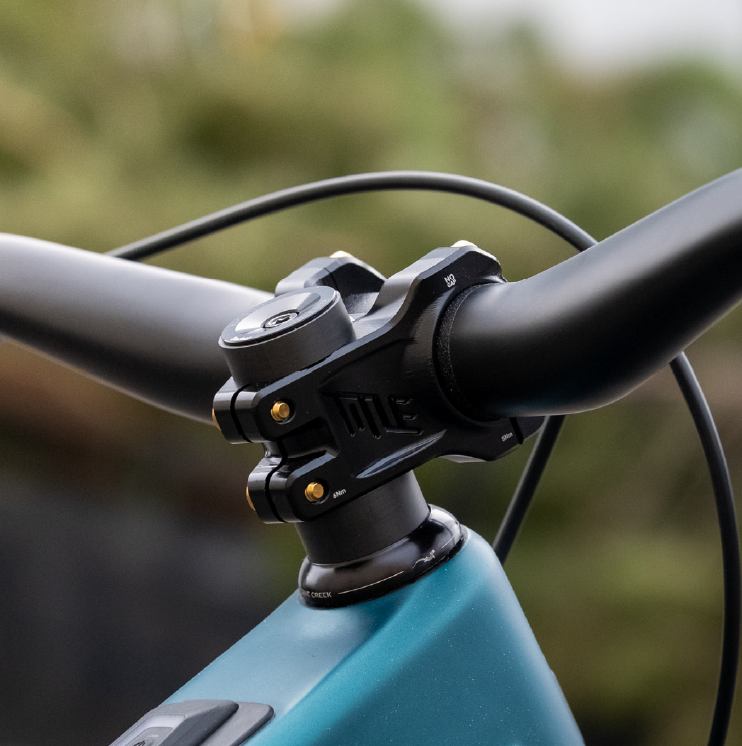Close-up of a TitleMTB bicycle handlebar with a blurred natural background