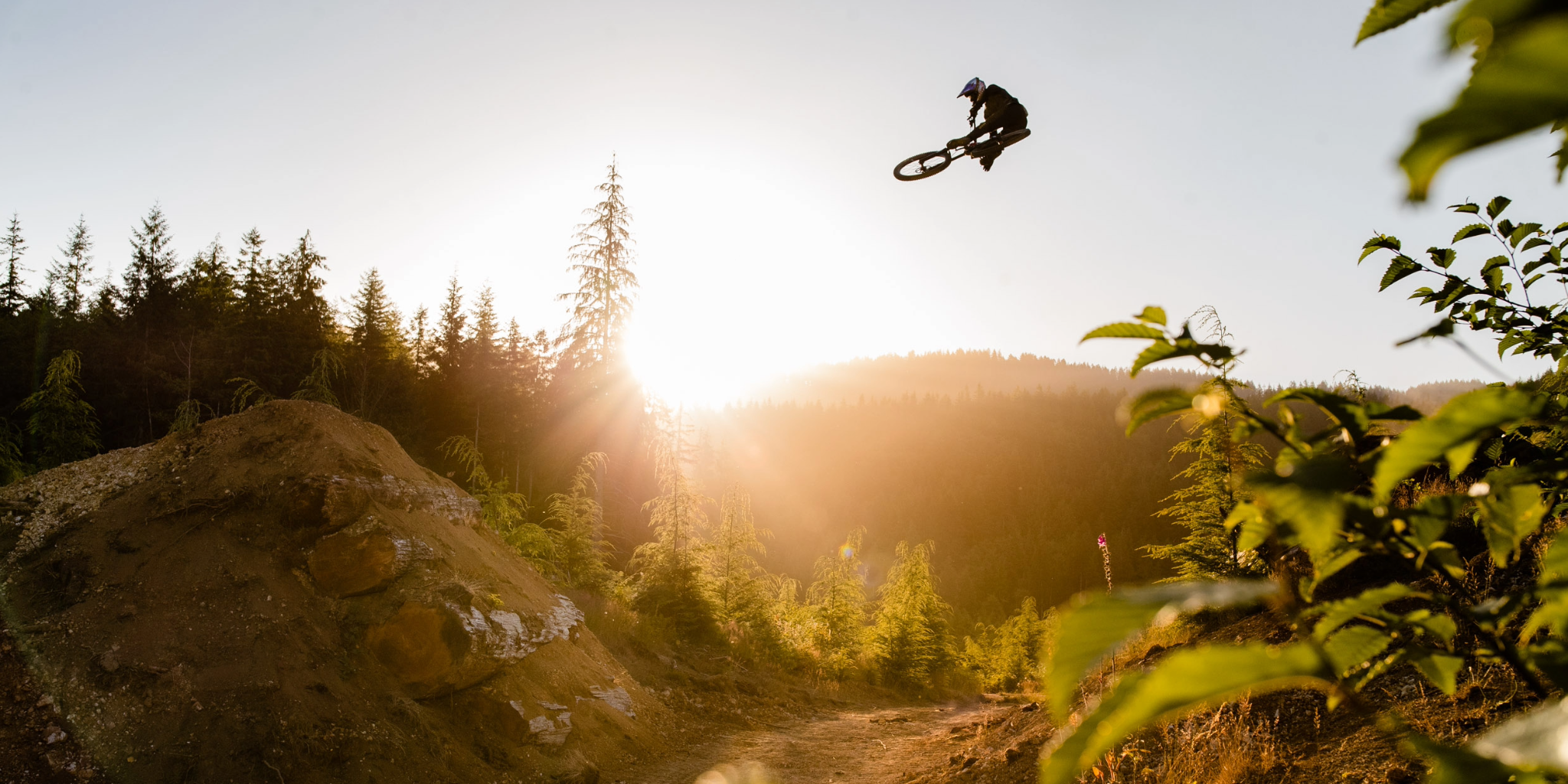 Person on a mountain bike performing a jump with a sunset and forest background