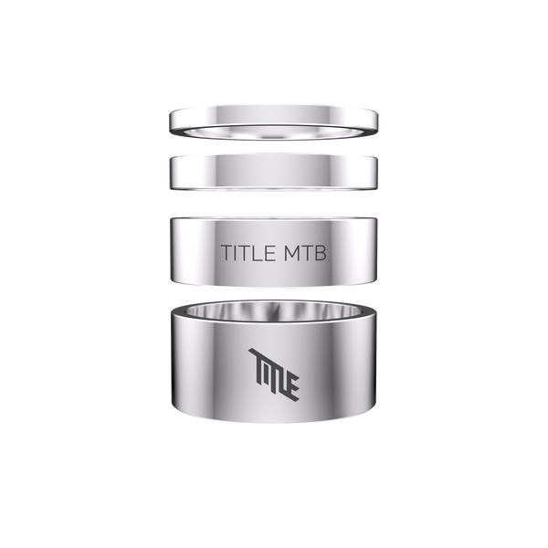 Silver mountain bike headset with 'TITLE MTB' branding on a white background