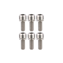 Set of six silver metal screws on a white background