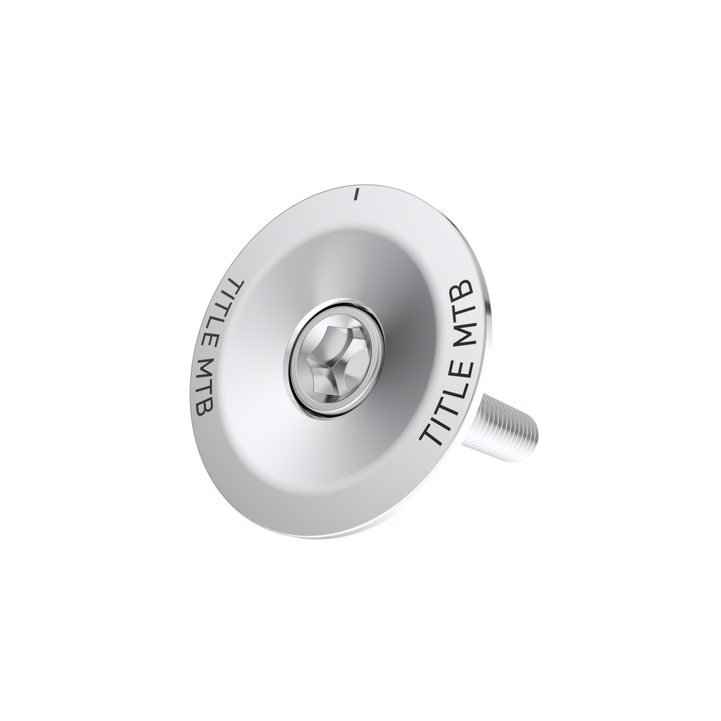 Silver bike top cap with 'TITLE MTB' branding on a white background